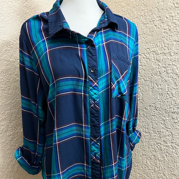 Women Time and Tru L Turquoise Blue Plaid Long Sleeve Flannel Shirt Item WB04 - Picture 3 of 5